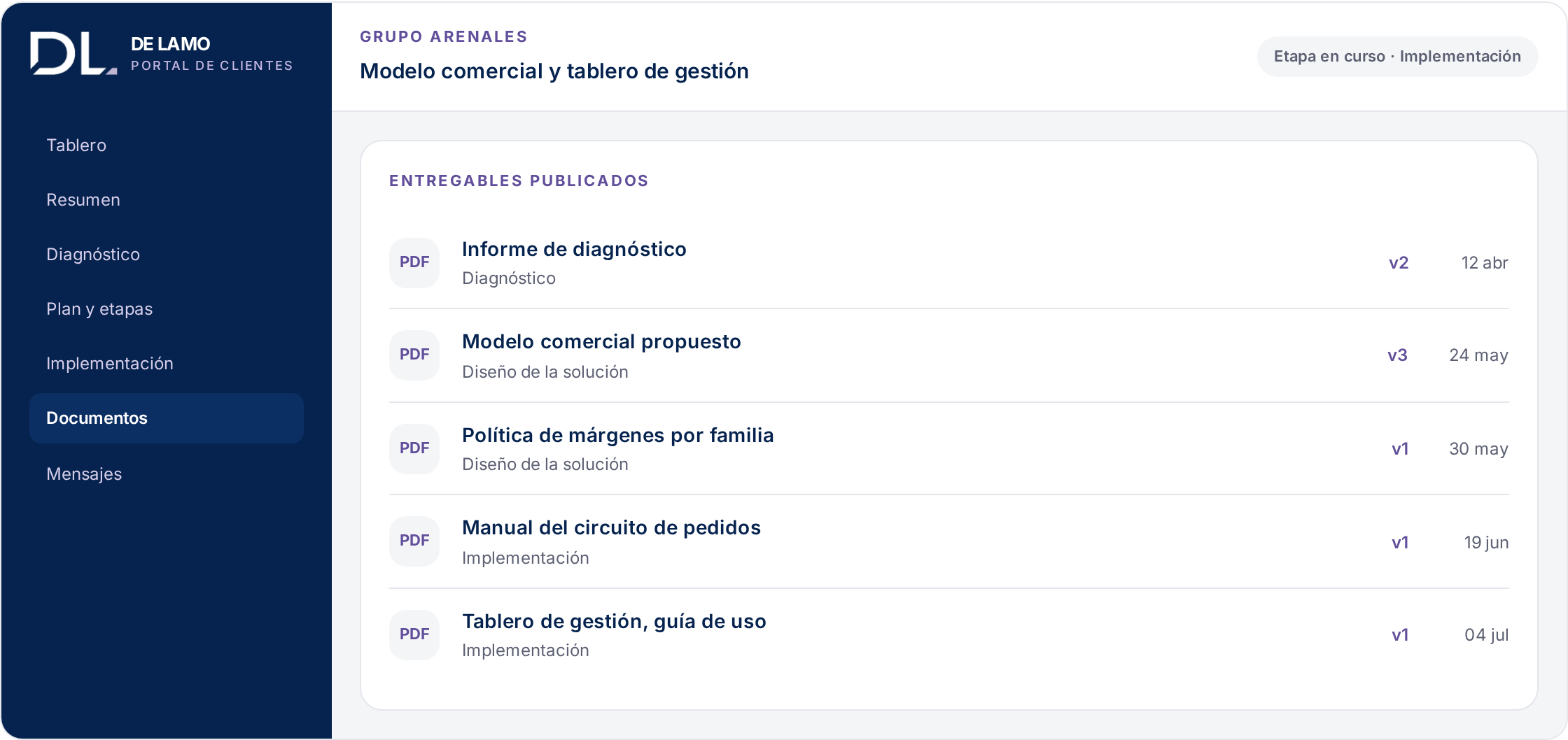 Pantalla de documentos del portal, con los entregables del proyecto, su versión y su fecha.
