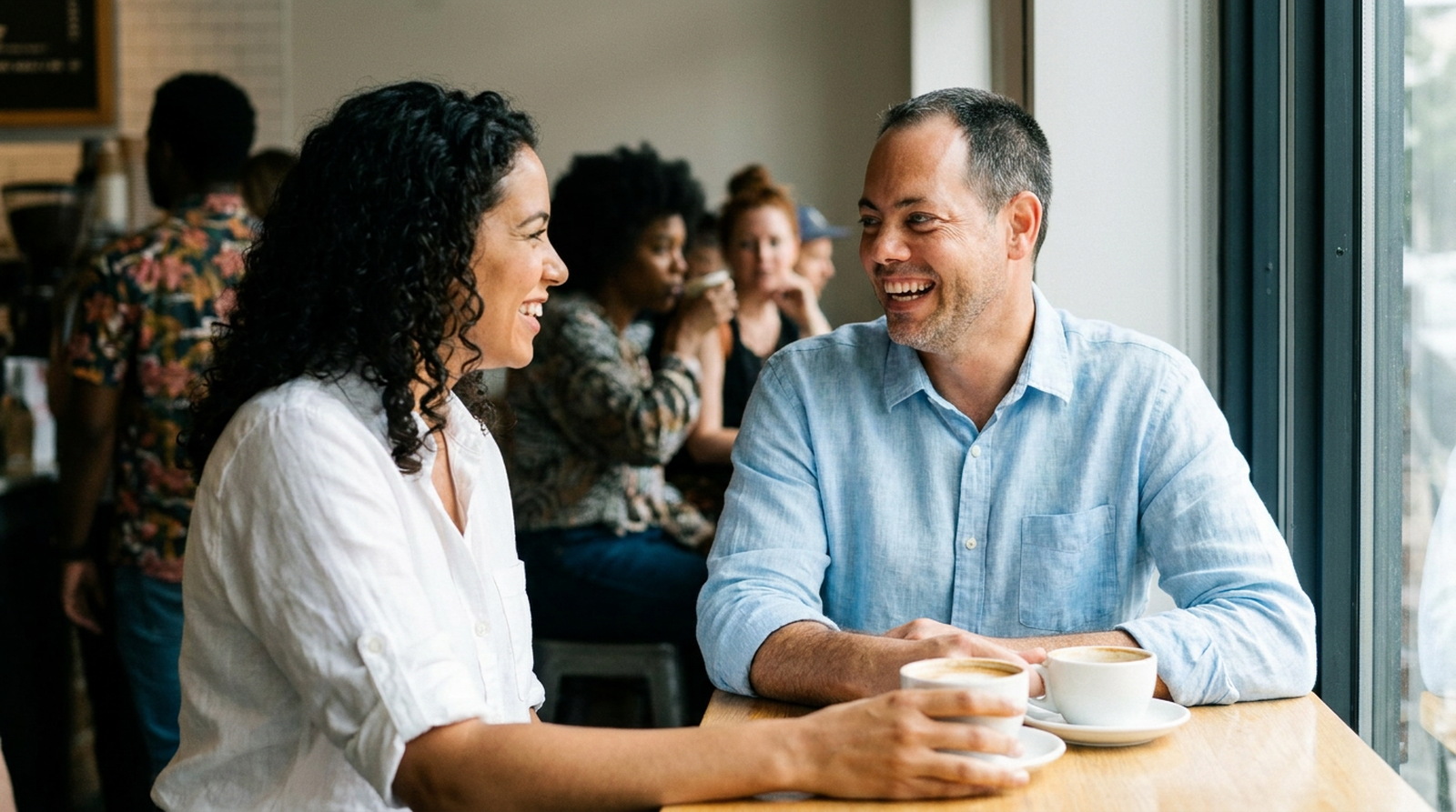 Dos personas conversan sonriendo en una mesa de madera con dos cafés